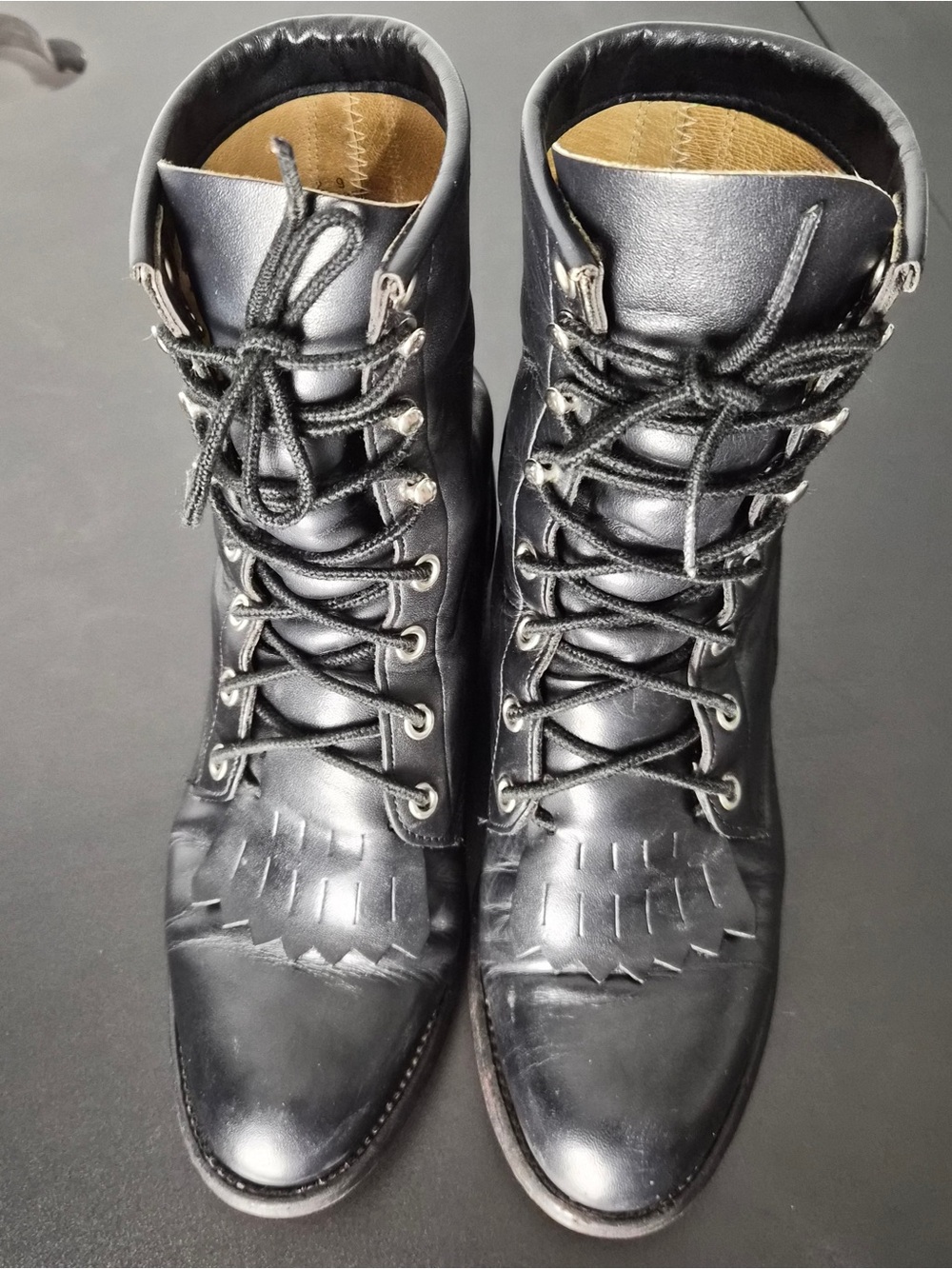 Justin Vintage Black Leather Lace-Up Roper Boots Western Fringe Kiltie Size 6 - Picture 5 of 11